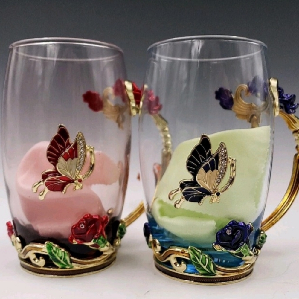 Brew To A Tea Btat- Floral Glass Tea Cups Spoon Lid Set Pack Of 2 11 Oz Blue NIB - Picture 14 of 16